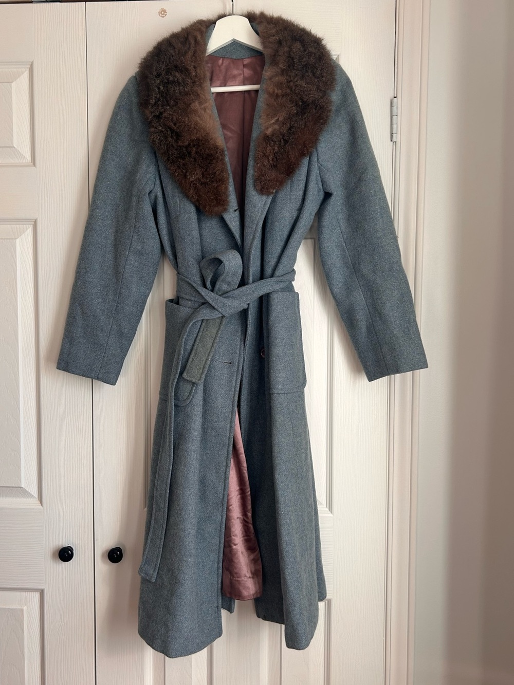 Vintage 100% Virgin Wool Trench Coat with Rabbit Fur Collar